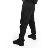 Pantalón de jogging negro, corte relajado, con cintura elástica y cordón ajustable. Presenta bolsillos laterales con cierre y un pequeño logo estampado en blanco en el muslo derecho.