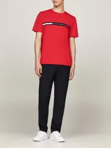 Remera roja de algodón con cuello redondo y manga corta. Presenta una franja horizontal en el pecho con los colores distintivos de la marca y el logo bordado.