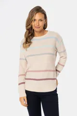 Buzo de tejido fino con diseño de rayas horizontales en tonos pastel sobre base beige, cuello redondo y mangas largas.