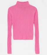 Polera color camel de punto acanalado, con cuello alto y mangas largas.