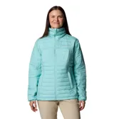 Campera acolchada Columbia modelo Silver Falls II, color turquesa, con cierre frontal, cuello alto, bolsillos laterales con cremallera y puños elásticos.