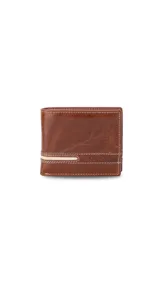 Billetera de cuero negra con costuras blancas, con compartimentos internos para billetes, tarjetas y documentos.