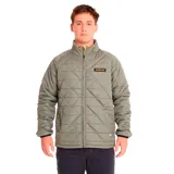 Chaqueta acolchada de hombre, color verde oliva, con cuello alto y cierre frontal. Presenta un patrón de costuras en forma de rombos y un parche de logo Caterpillar en el pecho izquierdo.