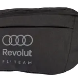 Riñonera deportiva Adidas del equipo Audi Revolut F1 Team, de color negro con detalles en rojo y logotipos estampados. Cuenta con compartimentos con cierre y correa ajustable.