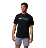 Remera de manga corta Columbia, color negro, con cuello redondo y ajuste regular. Presenta el logo de la marca estampado en el pecho en tonos azul y amarillo.
