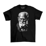 Remera negra de algodón con estampa frontal en escala de grises que representa el retrato de Sigmund Freud con su firma.