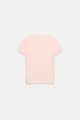 Remera de punto elástico y flexible, color rosado, con cuello redondo y mangas cortas de corte regular.