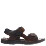 Sandalias de cuero marrón con diseño ergonómico, ajuste mediante tiras con velcro y suela de goma antideslizante.