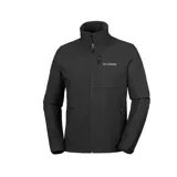 Campera Columbia Ascender Softshell negra, resistente al viento y al agua, con cierre frontal completo, cuello alto, bolsillos laterales con cierre y bolsillo en el pecho con cierre.