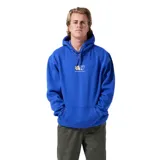 Canguro azul con capucha, cordones ajustables, bolsillo tipo canguro y puños y cintura acanalados. Estampado pequeño con una flor y letras en el pecho.