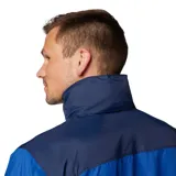 Campera impermeable Columbia Glennaker Lake Jkt con tecnología Omni-Shield, diseño bicolor en tonos azul y azul marino, con capucha plegable y cierre frontal.