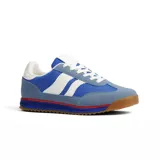 Championes deportivos American Sport Resh Shine, color azul con detalles en celeste, blanco y rojo. Presentan capellada de tela y gamuza, con tres franjas blancas en los laterales y suela de goma color caramelo.