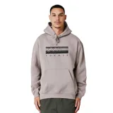 Canguro gris con estampado gráfico en el pecho y capucha con cordones ajustables.