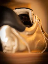 Championes de cuero metalizado en color dorado, con diseño inspirado en C-3PO. Presentan cordones al tono, suela de goma tipo plataforma en color marrón y detalles de marca Star Wars en la lengüeta y el frente.