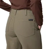 Pantalón de corte recto en color verde oliva, con cintura alta, trabillas para cinturón, bolsillos laterales inclinados y bolsillos traseros.