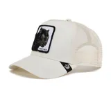 Gorra Trucker Goorin Bros modelo Panther de color blanco, con visera curva, panel frontal estructurado y malla trasera. Cuenta con un parche bordado al frente con la figura de una pantera y la palabra 'Panther'.