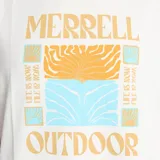 Remera de manga corta color crema con cuello redondo. Presenta un estampado gráfico central con la inscripción 'MERRELL OUTDOOR' y motivos abstractos en tonos naranja y celeste.