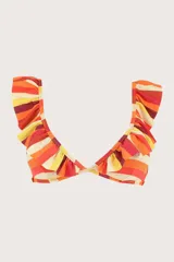Top de bikini con forma de triángulo y volado en la parte superior de las copas. Diseño a rayas horizontales en tonos naranja, amarillo, rojo y blanco. Tirantes ajustables y broche en la espalda.