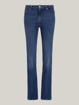 Pantalón de jean azul oscuro, corte bootcut y tiro medio.