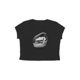Remera corta negra de algodón con estampado de labios con dientes dorados.