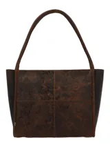 Cartera tipo tote de hombro confeccionada en cuero 100% natural color marrón. Presenta un diseño en relieve con motivos florales en la parte frontal y trasera, y correas de hombro con el mismo diseño. Cuenta con un compartimento principal con cierre de cremallera y correa imantada, además de tres bolsillos interiores, uno de ellos con cierre.