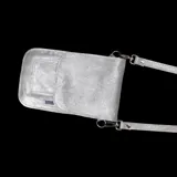 Bandolera plateada tipo portacelular con porta documentos incorporado y correa regulable.