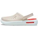 Zuecos Crocs modelo InMotion LiteRide Clog, de color gris en la parte superior perforada con tira trasera pivotante y suela gruesa de plataforma en color blanco con detalles negros.