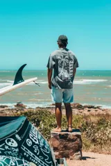 Remerón de manga corta, corte holgado, color gris lavado, con estampado frontal de una escena de playa con palmeras y texto.