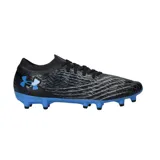 Championes de fútbol Under Armour Magnetico Pro 5 FG, de color negro con detalles en azul brillante. Presentan un diseño texturizado en la parte superior, cuello elástico y suela con tapones para terreno firme.