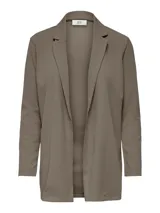 Blazer largo de punto elástico marca JDY, color beige, con cuello de solapas y diseño abierto sin botones.