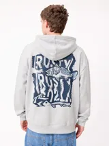 Hoodie de felpa gris con capucha y gran estampado gráfico en la espalda de la marca Rusty junto a la figura de un pez.