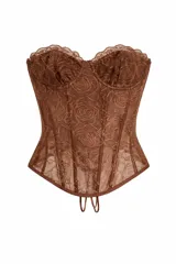 Corset de encaje color marrón con diseño floral, estructura con varillas y borde superior festoneado.