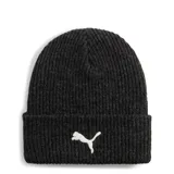 Gorro tipo beanie de punto acanalado en color negro, con vuelta en el borde y logo de Puma bordado en color blanco en la parte frontal.