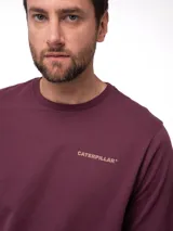 Remera de manga corta con cuello redondo, color bordó, con logo de la marca estampado en el pecho y etiqueta en el dobladillo.
