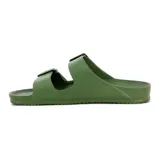 Sandalias tipo Birkenstock de la marca Quiksilver, color verde oliva, con doble tira ajustable con hebillas y logo de la marca grabado en el lateral.