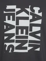 Remera de manga corta Calvin Klein color gris oscuro, con cuello redondo y corte regular. Presenta un diseño gráfico estampado en el centro con el texto de la marca en orientación vertical y tono gris claro.
