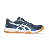 Championes Asics Upcourt 5, diseñados para deportes de interior, con parte superior de malla transpirable en color azul marino y detalles en azul eléctrico y blanco. Presentan suela de goma color caramelo para mayor tracción.
