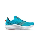 Championes de running Saucony Kinvara 14, color turquesa con entresuela blanca y detalles en naranja y negro. Confeccionados en malla transpirable con amortiguación de espuma PWRRUN.