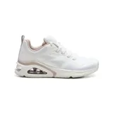 Championes Skechers Street Tres-Air Uno, color blanco con detalles en beige. Capellada de nylon brillante con forro de color llamativo, capas termoselladas, entresuela con airbag Skech-Air visible y plantilla Skechers Air-Cooled Memory Foam.