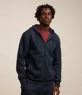 Hoodie deportivo azul marino con cierre frontal, capucha con cordón ajustable, bolsillos laterales y puños ajustados.