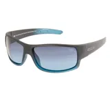 Lentes de sol MDQ modelo Queñi, con armazón envolvente negro mate y detalles en color celeste, y cristales degradados en tonos azules.