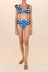 Calzón de bikini de talle alto con estampado de hojas azules y blancas.
