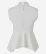Blusa azul marino sin mangas de la marca Cortelle, con cuello alto, recortes estructurales y dobladillo estilo peplum asimétrico.