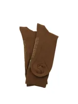 Medias de caña alta marrones con diseño de rombos estilo argyle en tonos marrón, beige y verde militar, y pequeño bordado de un perro en el centro.