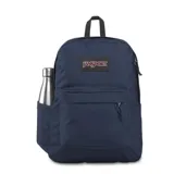 Mochila JanSport Superbreak Plus azul marino con compartimento interno para laptop y bolsillo lateral para botella.