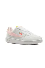 Championes deportivos Fila ACD Classic para mujer, de color blanco con detalles en rosado, fucsia y amarillo. Presentan capellada de cuero sintético perforada en la puntera, cordones blancos y suela de goma con la marca en relieve.