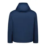 Chaqueta impermeable de hombre, color azul marino, con capucha ajustable, cierre frontal completo, bolsillos laterales con cierre y puños ajustables con velcro. Diseño técnico con tecnología resistente al agua y al viento.