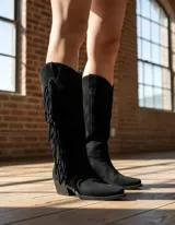 Bota de caña alta confeccionada en cuero vacuno color marrón oscuro, con diseño estilo western que incluye flecos laterales, taco cuadrado de madera y punta fina.