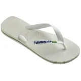 Ojotas Havaianas modelo Brasil Logo, color blanco, con tiras blancas y logo de la marca en relieve azul con la bandera de Brasil.