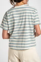 Remera de algodón peinado con diseño de rayas horizontales en tonos celeste, verde y blanco, de manga corta y corte clásico.